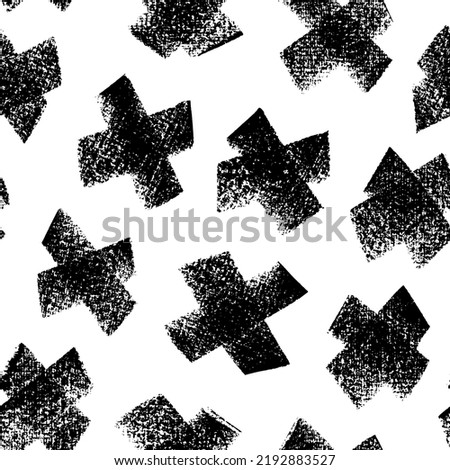 Geometric seamless pattern with charcoal crosses. Hand drawn black vector crosses and x symbols. Charcoal sketch of geometrical and math signs. Simple minimalistic graphic print. Modern texture