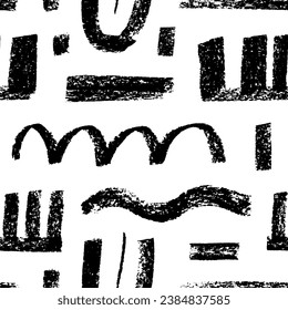 Geometric seamless pattern with charcoal shapes. Rough charcoal marks, strokes and smears. Distressed texture with rough edges. Vector sketch style bold wavy lines and square shapes.