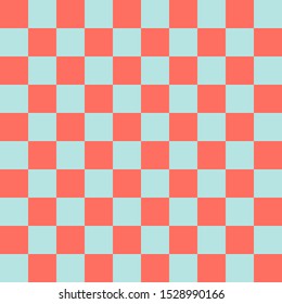 Geometric seamless pattern with checkered coral and blue squares. Abstract vector background. 