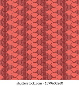 Geometric seamless pattern in chinese style. Coral color oriental background.