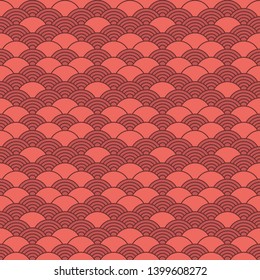 Geometric seamless pattern in chinese style. Coral color oriental background.