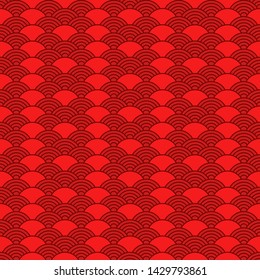 Geometric seamless pattern in chinese style. Bright red oriental background.