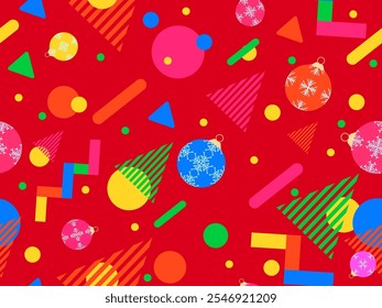 Geometric seamless pattern with Christmas balls. Christmas decorations and geometric shapes in 80's memphis style. Design of wallpapers, wrappers, covers, banners and posters. Vector illustration