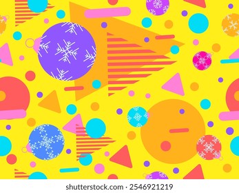 Padrão geométrico sem costura com bolas de Natal. Decorações de Natal e formas geométricas no estilo de memphis dos anos 80. Desenho de papéis de parede, invólucros, capas, banners e cartazes. Ilustração vetorial