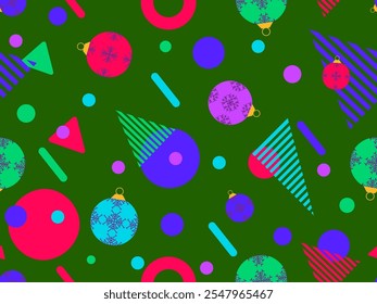 Geometric seamless pattern with Christmas balls. Christmas decorations and geometric shapes in 80's memphis style. Design of wallpapers, wrappers, covers, banners and posters. Vector illustration