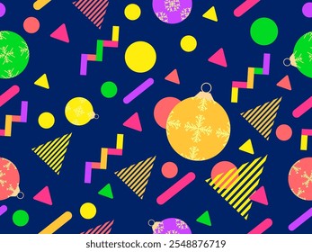 Geometric seamless pattern with Christmas balls. Christmas decorations and geometric shapes in 80's memphis style. Design of wallpapers, wrappers, covers, banners and posters. Vector illustration