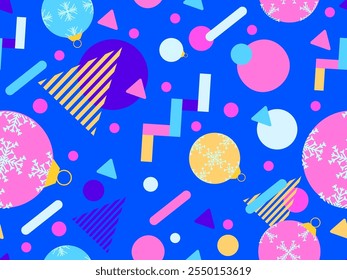 Geometric seamless pattern with Christmas balls. Christmas decorations and geometric shapes in 80's memphis style. Design of wallpapers, wrappers, covers, banners and posters. Vector illustration