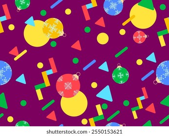 Geometric seamless pattern with Christmas balls. Christmas decorations and geometric shapes in 80's memphis style. Design of wallpapers, wrappers, covers, banners and posters. Vector illustration