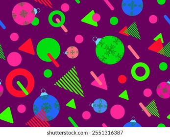 Geometric seamless pattern with Christmas balls. Christmas decorations and geometric shapes in 80's memphis style. Design of wallpapers, wrappers, covers, banners and posters. Vector illustration