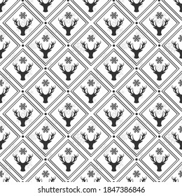 Geometric seamless pattern with Christmas deer heads in rhombuses; print for greeting cards, wrapping paper.