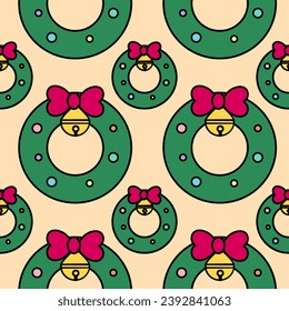 Geometric seamless pattern, Christmas door wreath with yellow bell in yellow pastel background. Design for wallpaper, interior, wrapping paper, amusement park, paper gift, fabric, kitchenware. Vector.