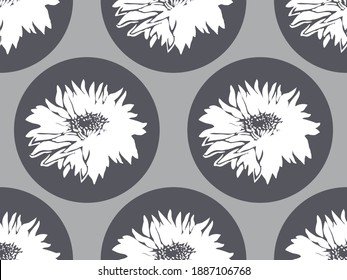 Patrón geométrico sin foco con crisantemo en formas redondeadas grises. Las siluetas blancas cerradas florecen. Gráfica vectorial dibujada a mano de tendencia de color Pantone