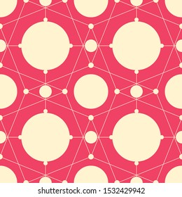 Geometric seamless pattern of circles. Beige circles with lines on a red background. Endless trendy pattern.