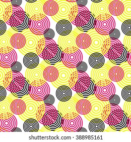 Geometric seamless pattern with circles. Black, white, pink, yellow colors.