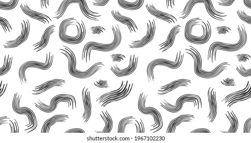Geometric seamless pattern with circles, curved and wavy lines. Black ink texture. Hand drawn abstract design for textile, fabric, wallpaper.