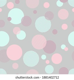 Geometric seamless pattern with circles, stripes, dots. Blue, pink and purple circles on gray background. Fabric swatch for bed linen, children's clothing. Pastel colored print. Vector illustration