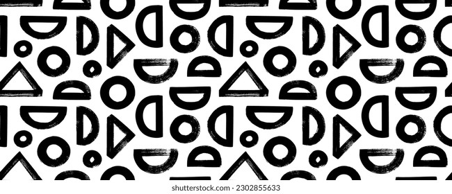 Geometric seamless pattern with circles, triangles and half circle. Abstract geometric background. Grunge style bold shapes.  Hand drawn graphic elements seamless pattern. Various basic figures.