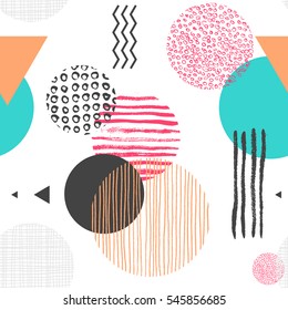 Geometric seamless pattern with circles, triangles and lines of different color, trendy abstract background. Vector illustration in 1990s style for wallpaper, backdrop, wrapping paper, textile print.