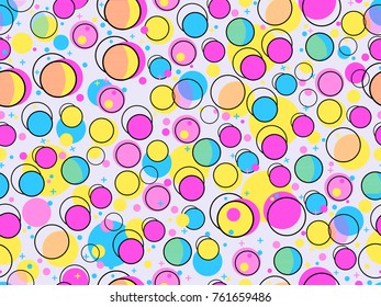 Geometric seamless pattern with circles of violet, blue and yellow. Abstract background for print, prints and ornaments. Vector illustration