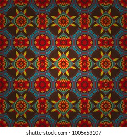 Geometric seamless pattern circular ornament. Vector multicolor mandalas in blue, brown and pink colors. Perfect for any kind of design, wedding, birthday, holidays, kaleidoscope, medallion.