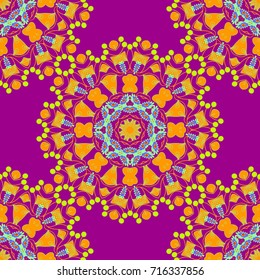 Geometric seamless pattern circular ornament. Vector multicolor mandalas in green, yellow and purple colors. Perfect for any kind of design, wedding, birthday, holidays, kaleidoscope, medallion.