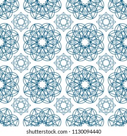 Geometric seamless pattern with circular shapes drawn with blue contour lines on white background. Arabic geometrical backdrop. Monochrome vector illustration for wrapping paper, textile print