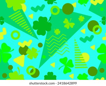 Geometric seamless pattern with clover in 80s style. Green four-leaf clover for St. Patrick's Day. Clover is a symbol of good luck. Design for promotional product, card and print. Vector illustration