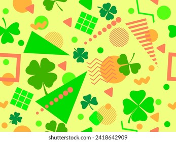 Geometric seamless pattern with clover in 80s style. Green four-leaf clover for St. Patrick's Day. Clover is a symbol of good luck. Design for promotional product, card and print. Vector illustration