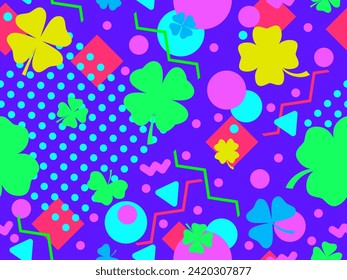 Geometric seamless pattern with clover in 80s style. Green four-leaf clover for St. Patrick's Day. Clover is a symbol of good luck. Design for promotional product, card and print. Vector illustration