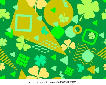 Geometric seamless pattern with clover in 80s style. Green four-leaf clover for St. Patrick's Day. Clover is a symbol of good luck. Design for promotional product, card and print. Vector illustration