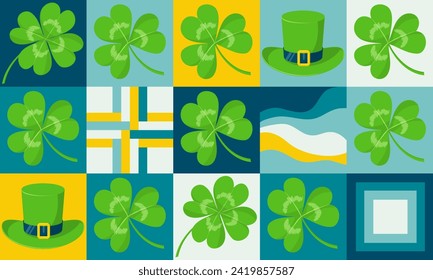 Geometric seamless pattern with clover leaves and Leprechaun hat. Abstract background with four leaves clover, green shamrock and geometric shapes on tiles, vector illustration