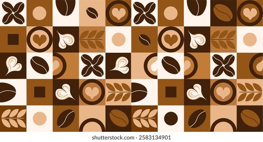 geometric seamless pattern coffee grains in squares leaves coffee cups background in coffee colors from dark brown to beige coffee with milk Vector