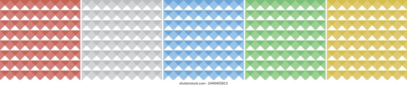 Geometric Seamless Pattern Collection. 3D Pyramids Triangle. Cool Retro 2D Vector Background. Blue, Red, Green, White, Yellow. Square Pattern Bundle