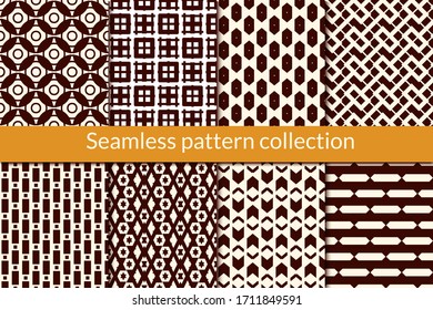 Geometric seamless pattern collection. Ethnic geo design background set. Circle, square, arrow, chevron, zig zag, hexagon abstract wallpaper vector bundle. All ornaments were added in swatches palette