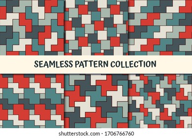 Geometric seamless pattern collection. Geo design background set. Bright puzzle mosaic motif surface print kit. Modern camouflage wallpaper bundle. All ornaments were added in swatches palette