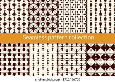 Geometric seamless pattern collection. Geo design background set. Folk motif surface print kit. Ethnic style, boho chic wallaper bundle. All ornaments were added in swatches palette