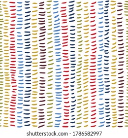 Geometric seamless pattern with color lines on a white isolated background. Stylized blots. Abstract ink strokes. Great for fabric, wallpaper, textile, wrapping. Vector sketch.