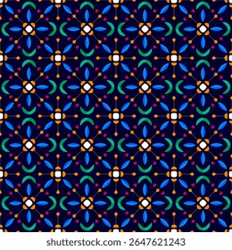 Geometric seamless pattern. Color geometric shapes on dark background. Pattern for wrapping paper. Fabric or textile pattern.