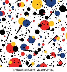 geometric seamless pattern with colored and multi colored dots, in the style of free brushwork, minimalist black and white, confetti-like dots, felicia simion, birds-eye-view, serge marshennikov, memp