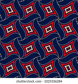 Geometric seamless pattern. Colored red and beige design on blue background for wallpapers, textile and fabrics