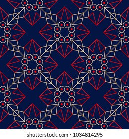 Geometric seamless pattern. Colored red and beige design on blue background for wallpapers, textile and fabrics
