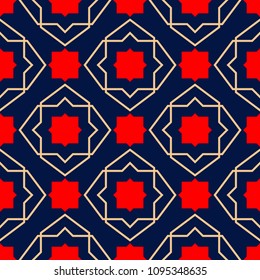 Geometric seamless pattern. Colored red beige and blue background for wallpapers, textile and fabrics