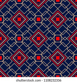 Geometric seamless pattern. Colored red and beige design on blue background for wallpapers, textile and fabrics