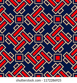 Geometric seamless pattern. Colored red and beige design on blue background for wallpapers, textile and fabrics