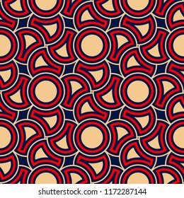Geometric seamless pattern. Colored red beige and blue background for wallpapers, textile and fabrics