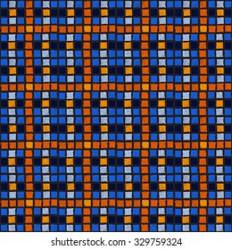 Geometric seamless pattern. Colored squares on a black background, painted by hand. For the background design, wallpaper, packaging, textiles, fabrics and others.