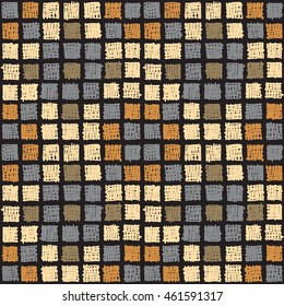 Geometric seamless pattern. Colored squares on a black background, painted by hand. For the design and decoration background, wallpaper, packaging, fabrics, textiles.