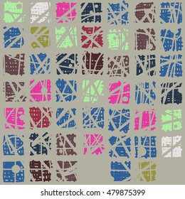  Geometric seamless pattern. Colored squares on a grey background, painted by hand. 
