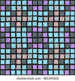 Geometric seamless pattern. Colored squares on a black background. Graphics graffiti style, painted by hand, background in retro style.