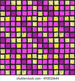 Geometric seamless pattern. Colored squares on a black background. Graphics graffiti style, painted by hand, background in retro style.